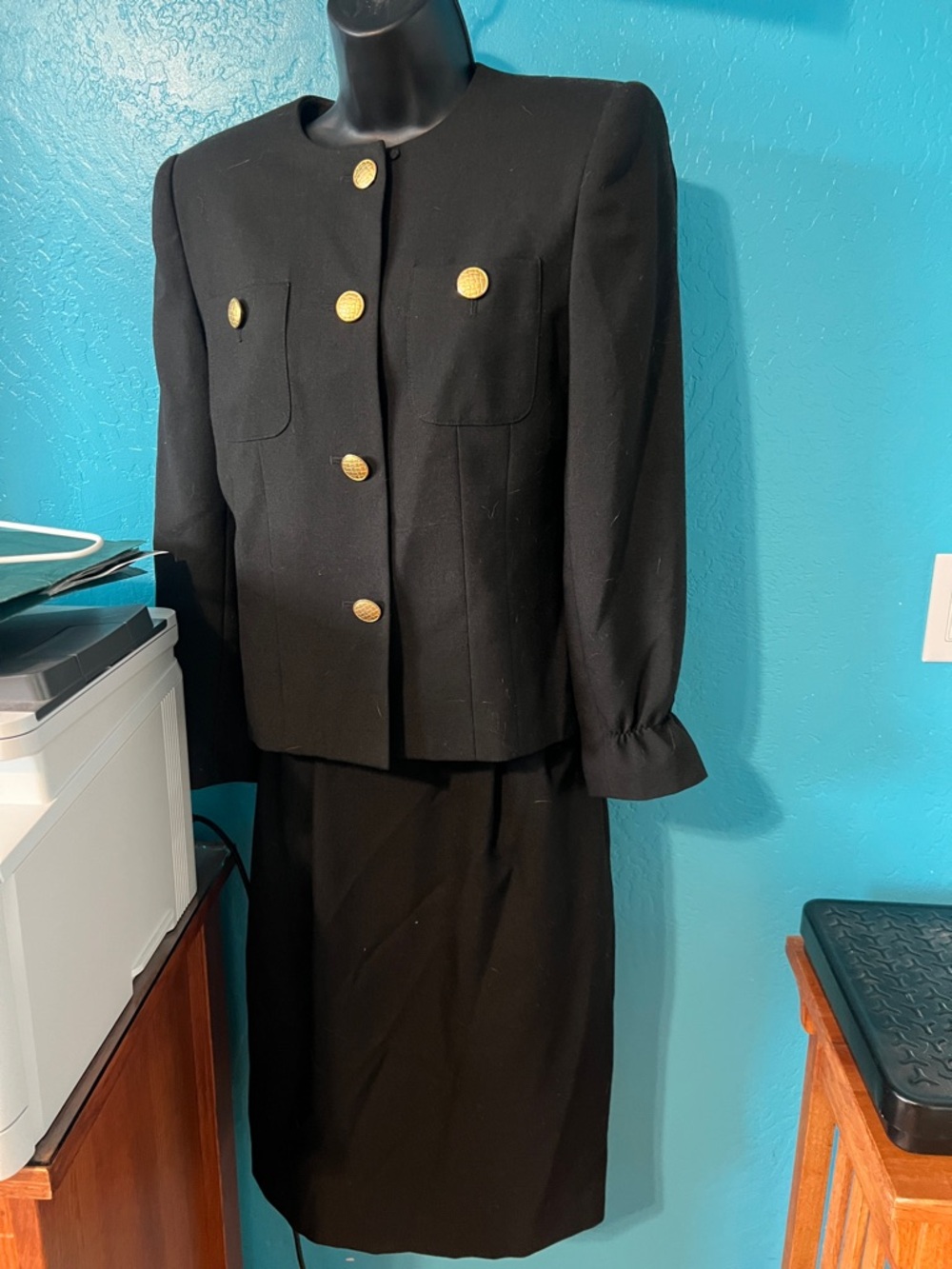 Kasper Black Two-Piece Blazer and Skirt Set with Gold Buttons